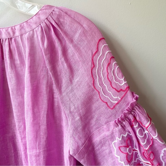 ELEVEN March 11 Pink Linen Embroidered drop waist tassel Tunic Dress - Picture 11 of 12